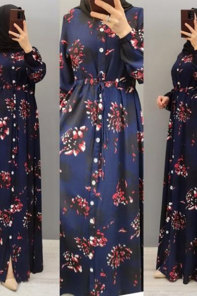 Yeni Model Boydan Düğmeli Elbisem Lacivert