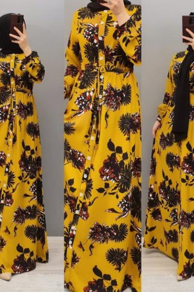 Yeni Model Boydan Düğmeli Elbisem Sarı