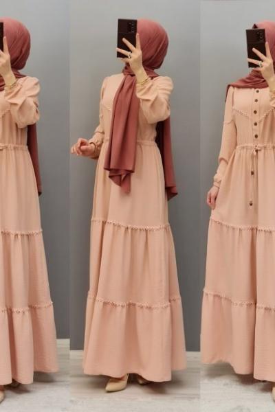 Yeni Model Ayrobin Elbisem Pudra