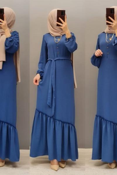 Yeni Model Ayrobin Elbisem  Saks Mavisi