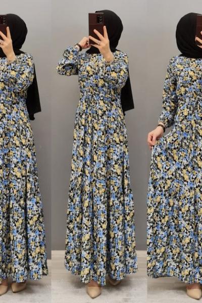 Yeni Model Viskon Çiçekli Elbisem Mavi