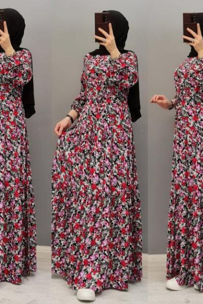 Yeni Model Viskon Çiçekli Elbisem Siyah Kırmızı