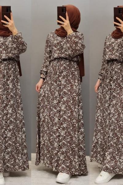 Yeni Model Viskon Çiçekli Elbisem Kahverengi