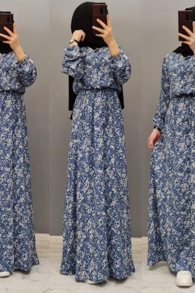 Yeni Model Viskon Çiçekli Elbisem Mavi