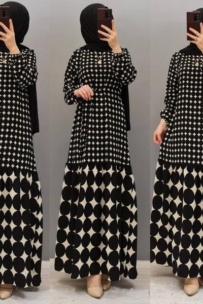 Yeni Model Yıldızli Elbisem Siyah bej