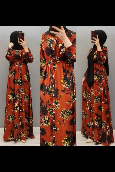 Yeni Model Boydan Düğmeli Elbisem Kiremit