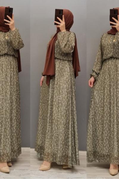 Yeni Model Şifon Elbisem Haki