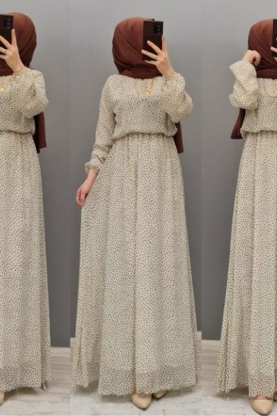 Yeni Model Şifon Elbisem Krem
