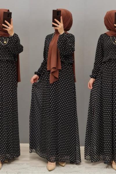 Yeni Model Şifon Elbisem Siyah Puanlı