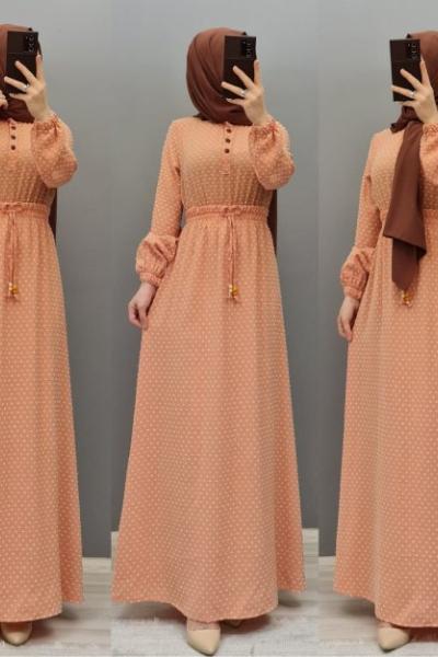 Yeni Model Puanlı Elbisem Somon