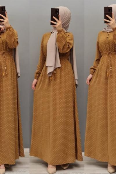 Yeni Model Puanlı Elbisem Koyu Camel