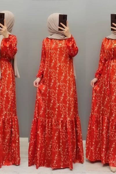 Yeni Model Saten Elbisem Nar Çiçeği