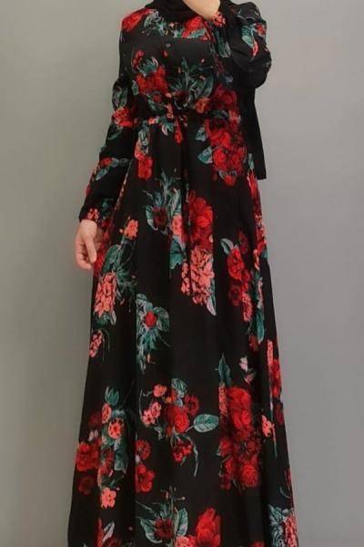 Yeni Model Çiçekli Elbisem Siyah Kırmızı