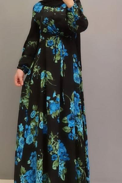 Yeni Model Çiçekli Elbisem Siyah mavi