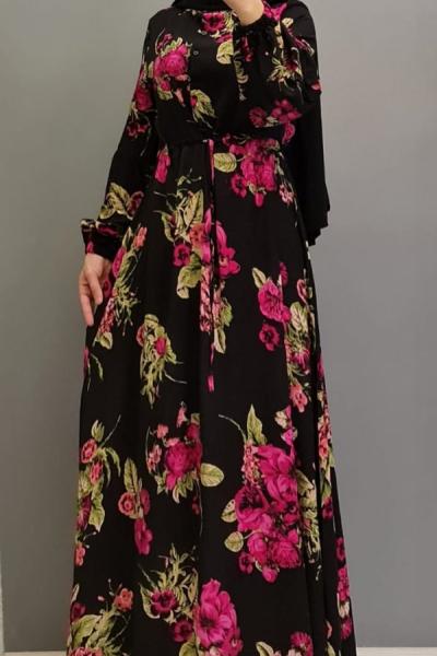 Yeni Model Çiçekli Elbisem Pudra Siyah