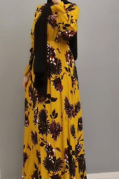 Yeni Model Çiçekli Elbisem Sarı