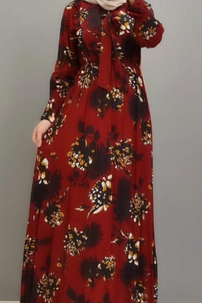Yeni Model Çiçekli Elbisem Bordo