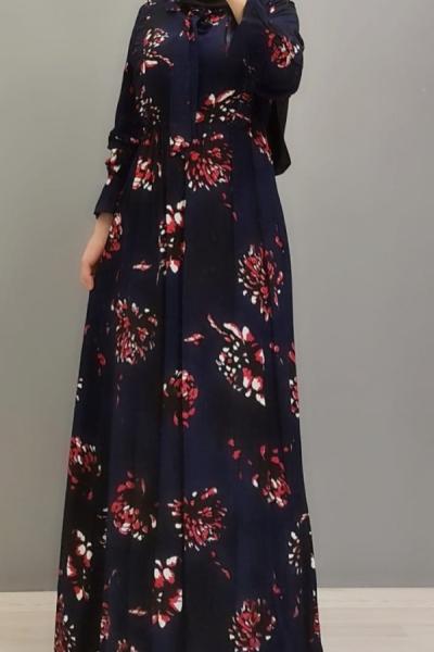Yeni Model Çiçekli Elbisem Lacivert
