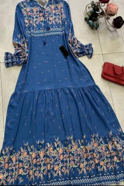 Yeni Model Püsküllü Elbisem Mavi