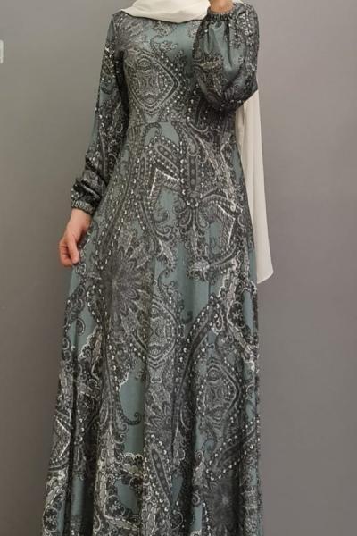 Yeni Model Dabıl Krep Elbisem  Küf Yeşili