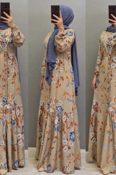 Yeni Model Pamuklu Viskon Elbisem Bej