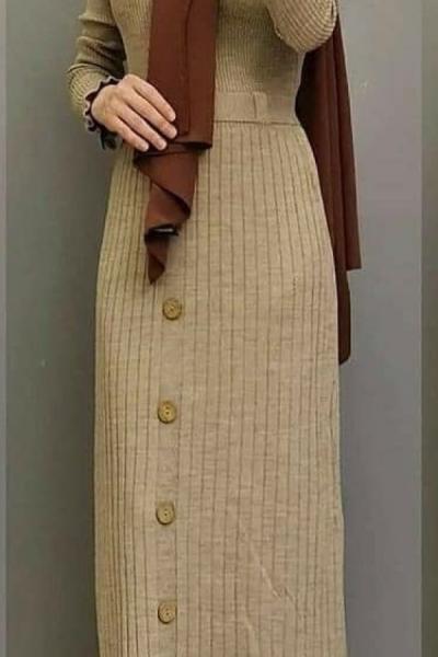 Yeni Model Triko Elbisem Taş Rengi