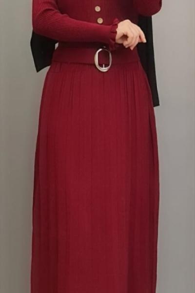 Yeni Model Düğmeli Triko Elbisem Bordo