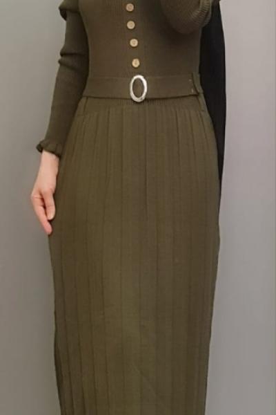 Yeni Model Düğmeli Triko Elbisem Haki