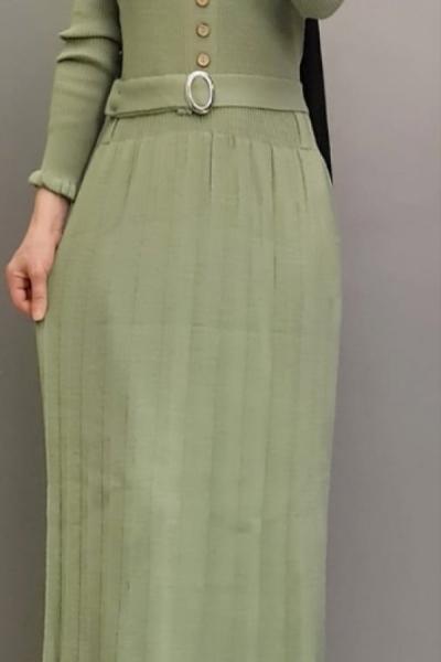 Yeni Model Düğmeli Triko Elbisem Yeşil