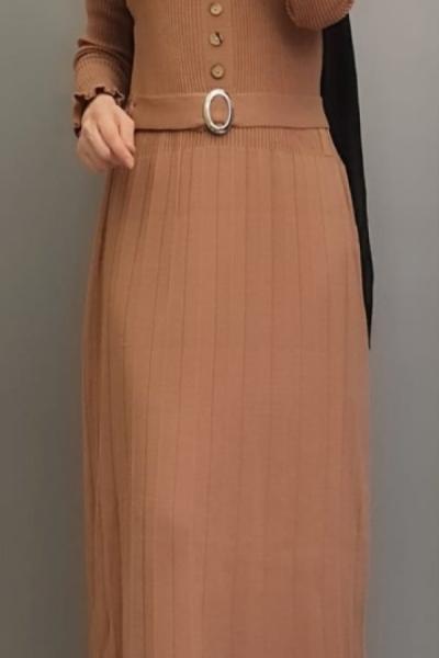 Yeni Model Düğmeli Triko Elbisem Gül