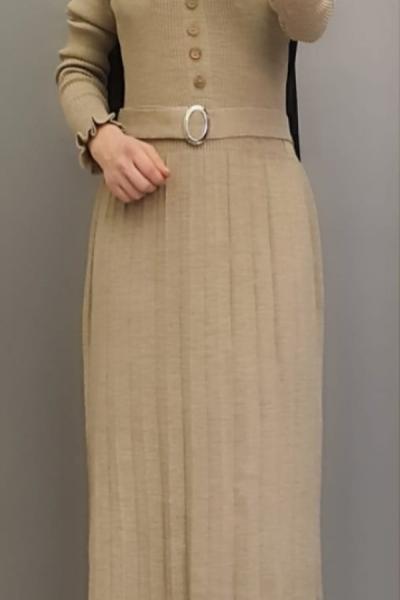 Yeni Model Düğmeli Triko Elbisem Taş Rengi