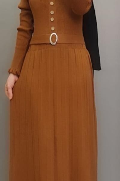 Yeni Model Düğmeli Triko Elbisem Kiremit