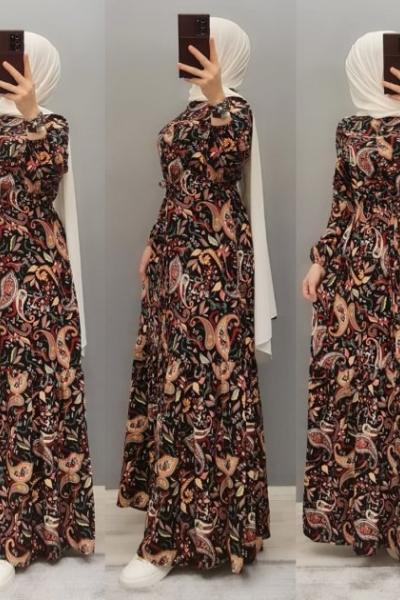 Yeni Model Etnik Desen Elbisem Kahverengi