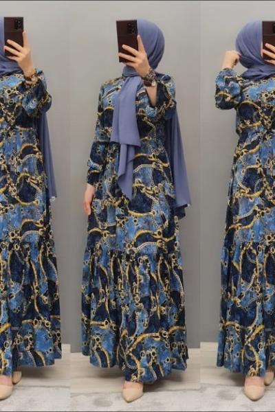 Yeni Model Zincir Desenli Elbisem Lacivert