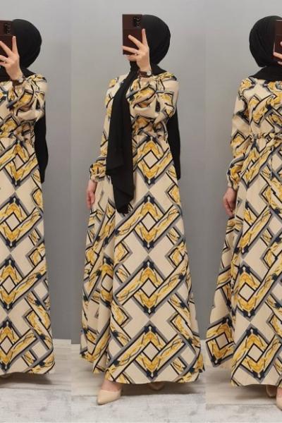 Yeni Model Geometri  Krep Elbisem Sarı