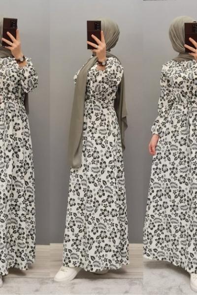 Yeni Model Çiçekli Krep Elbisem Küf Yeşili