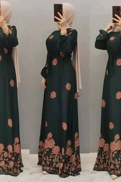 Yeni Model Desenli Elbisem Koyu Yeşil