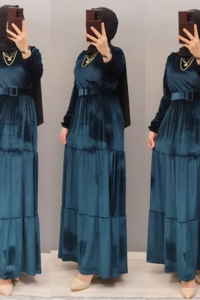 Yeni Model Kadife Elbisem Zümrüt