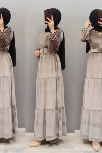 Yeni Model Kadife Elbisem Taş Rengi