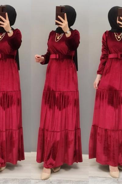 Yeni Model Kadife Elbisem Bordo