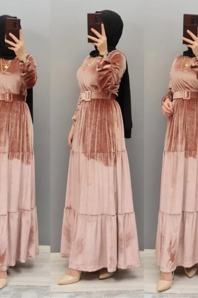 Yeni Model Kadife Elbisem Pudra