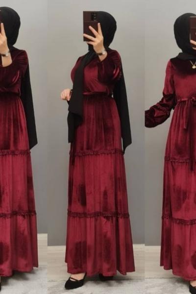 Yeni Model Kadife Elbisem  Bordo