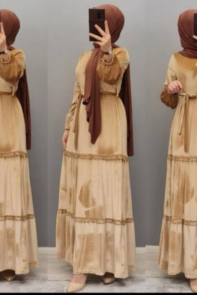 Yeni Model Kadife Elbisem  Camel