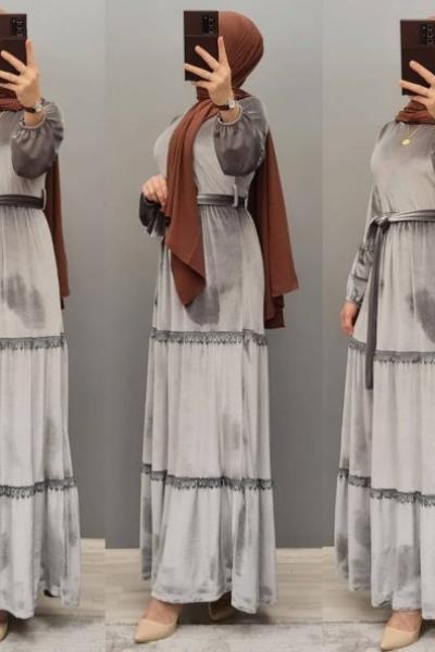 Yeni Model Kadife Elbisem  Gri