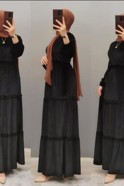 Yeni Model Kadife Elbisem  Siyah
