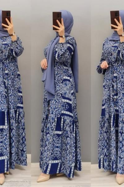 Yeni Model Viskon Kumaş Elbisem Mavi