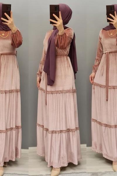 Yeni Model Kadife Elbisem  Pudra