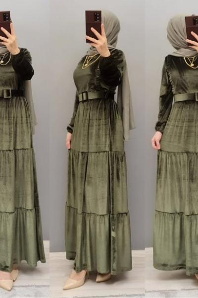 Yeni Model Kadife Elbisem Haki