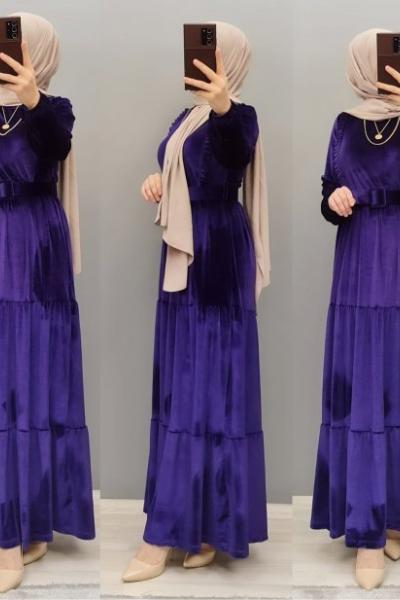 Yeni Model Kadife Elbisem Mor