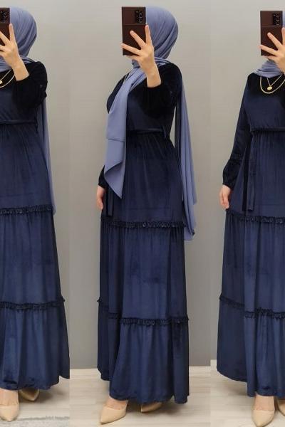 Yeni Model Kadife Elbisem  Lacivert